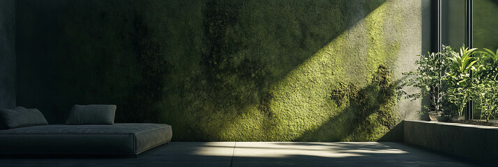 Poster - Tranquil interior with mossy green wall and sunlit plants