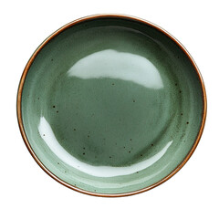 a ceramic plate with a light green glaze and brown rim is shown against a white background.