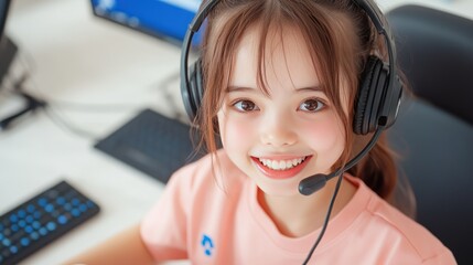 Happy young call center agent multitasking with a smile: talking on phone with headset, using laptop, and holding coffee cup in casual attire