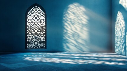 Fototapete - Sunlight streams through a beautifully designed window, casting intricate shadows on the cool blue walls and floor. This tranquil space invites contemplation and inspiration.