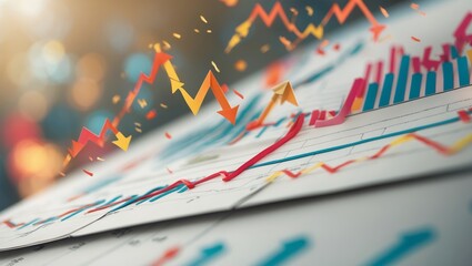 Poster - stock market trends visualization with dynamic graphs and vibrant colors in a financial workspace