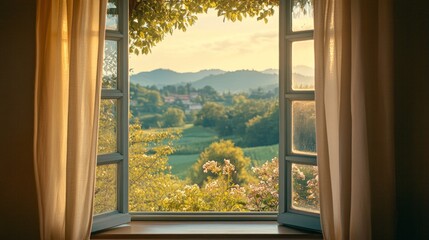 Poster - Soft curtains flutter gently in the morning breeze as sunlight pours through the open window, showcasing a picturesque landscape of rolling hills and blooming flowers in the distance.
