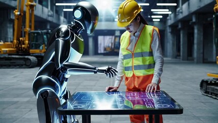 Aufkleber - Advanced industrial humanoid robot and female engineer working together using a futuristic digital touchscreen table in a factory warehouse, slow motion