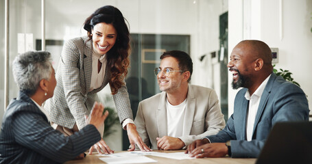 Poster - Meeting, documents and business people with laugh in office for finance investment with company. Collaboration, paperwork and financial management team with good news for profit or revenue report.