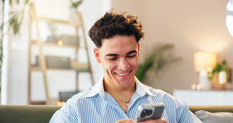 Aufkleber - Home, man and smile with smartphone for chat, online communication and connection with contact. House, male person and cellphone for mobile application, social media and message on dating web on sofa