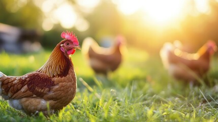 Poster - Bright morning sun illuminates free range chickens roaming in a lush green field during summer. Generative AI