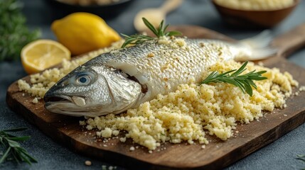 Wall Mural - Roasted Sea Bass on Couscous, Kitchen Prep