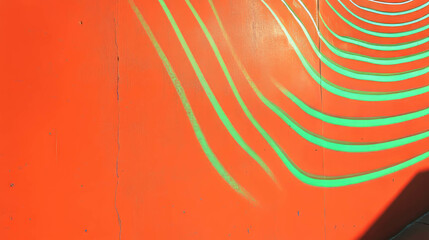 Poster - Vibrant orange painted wall with green neon waves for modern design projects