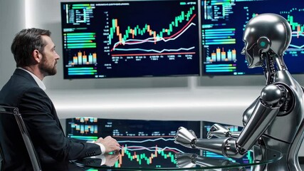 Poster - Businessman having a conversation with a humanoid robot assistant, sitting at a glass table in a modern office with stock market data displayed on screens in the background, captured in slow motion