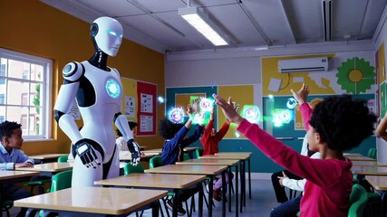 Aufkleber - Humanoid robot delivering interactive holographic lesson to diverse elementary students in futuristic classroom setting, showcasing advanced educational technology in slow motion