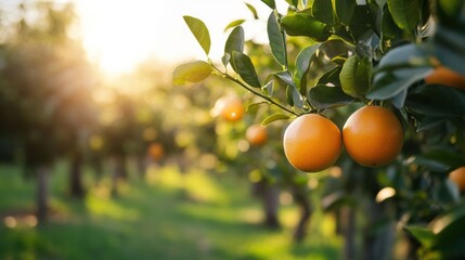 Poster - Golden oranges hang from lush trees under a bright sun in a vibrant orchard in the late afternoon. Generative AI