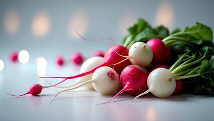 Poster - fresh radishes piled with green leaves on a light background for healthy cooking inspiration