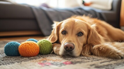 Poster - Golden retriever relaxing on a cozy rug with colorful yarn balls near a couch on a sunny afternoon. Generative AI
