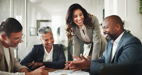 Poster - Business people, financial graphs and happy with audit, budget and advisor for customer portfolio. Teamwork, accountant or agent meeting with papers for consultation advice or assistance review
