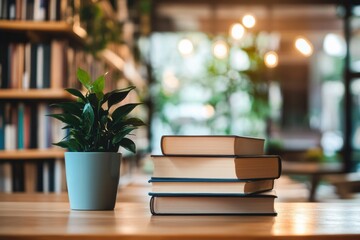 Aufkleber - Stacked books on a wooden table with a small plant in a cozy library setting during the afternoon. Generative AI