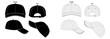 © muqadsa - Set of Streetwear Hats Mockup Vector Plain Baseball Cap Streetwear Trucker Hat Snap Back Technical Drawing Illustration Blank Street Wear Mock-up Template for Design Tech Packs CAD Strap Mesh Hat Cap