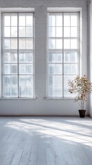 Poster - In a large, bright room characterized by white walls and expansive windows, soft sunlight fills the space, highlighting minimalist decor.