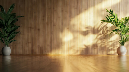Poster - Serene indoor space with bamboo wall and sunlit greenery