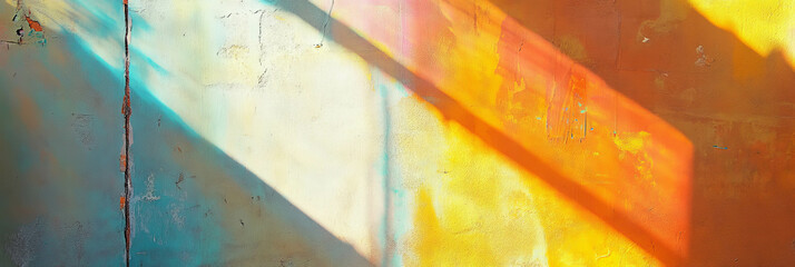 Poster - Vibrant prismatic texture of an orange and yellow wall with rainbow light
