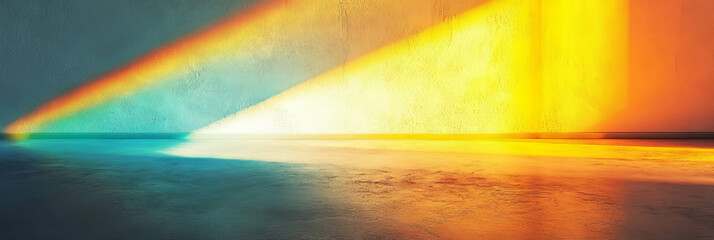 Poster - Vibrant prismatic yellow wall reflecting rainbow light patterns