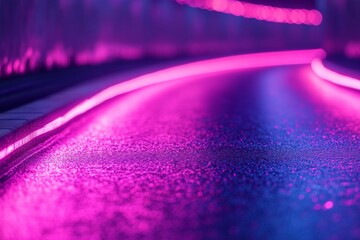 Poster - Vibrant neon lights illuminate a curved pathway in an urban setting at nighttime