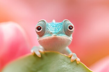 Sticker - Vibrant blue frog perched on a green leaf with a soft pastel background in a tropical habitat