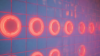 Poster - Neon circular pattern on purple tiled wall for modern design