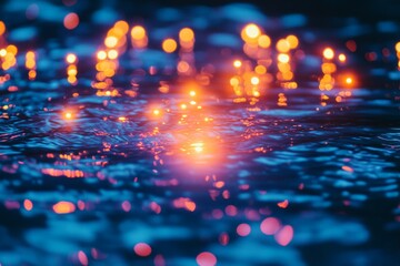 Poster - Bright reflections dance on water surface illuminated by glowing lights during twilight hours