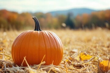 Poster - Bright orange pumpkin resting in golden straw field during autumn season surrounded by colorful foliage and distant hills. Generative AI