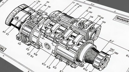 Poster - Technical blueprint visualizing industrial pump, rotating slowly with detailed cross sectional view revealing complex mechanical components and precision engineering design