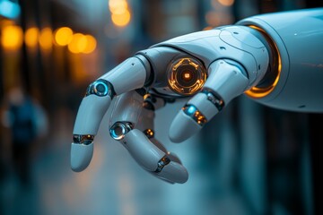 Poster - Advanced robotic hand extends in a futuristic urban environment during twilight hours