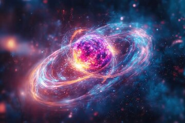 Poster - Colorful galaxy with swirling rings and bright stars in a cosmic backdrop of deep blues and purples