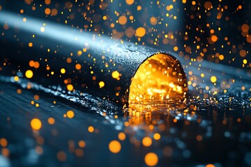 Aufkleber - Bright droplets emerge from a pipe surrounded by shimmering lights in a dark environment
