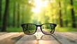 © Vadym - Black eye glasses reflect sunny forest path on wooden surface. Spring, summer nature scenic view through eyeglasses. Clear vision, optical lens, eyesight concept. Beautiful timberland landscape