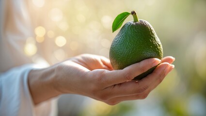 Poster - fresh avocado held in hand with natural light and soft background in a serene outdoor setting