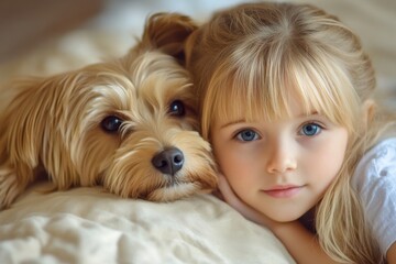 Poster - Young girl and her dog sharing a quiet moment together in a cozy indoors setting during the afternoon. Generative AI