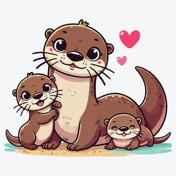 Funny mom otter. Mother and baby otters cartoon characters. Maternity in wildlife.