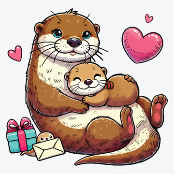 Funny mom otter. Mother and baby otters cartoon characters. Maternity in wildlife.