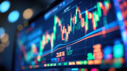 Poster - Stock market trading analysis displaying colorful candlestick charts and price fluctuations in a digital environment
