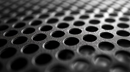 Poster - A captivating display of dark metal mesh reveals a complex tapestry of hexagons and circular openings. The texture invites exploration and evokes a sense of depth, illuminating industrial artistry.