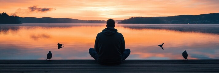 Poster - Calm reflection by the lake during sunset with birds flying overhead. Generative AI