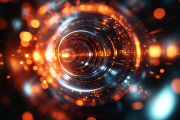 Poster - Abstract swirling patterns with glowing particles and vibrant colors in a futuristic tunnel setting