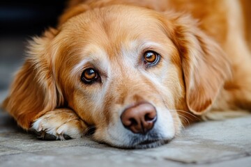 Aufkleber - Golden retriever resting with a gentle expression on a cozy surface in a warm indoor environment. Generative AI