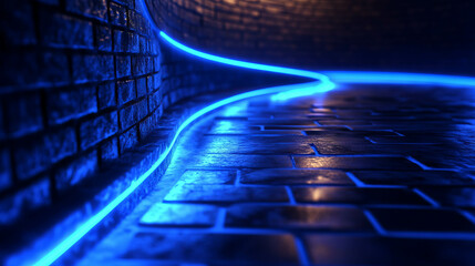 Poster - Futuristic urban design with blue neon lights on brick texture