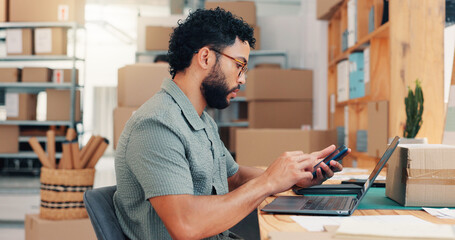 Poster - Businessman, laptop or logistics with phone for online distribution, delivery schedule or notification at warehouse. Man, employee or distributor on mobile smartphone or computer for supply chain app
