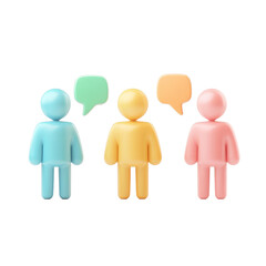 Poster - Minimalist icon figures with speech bubbles represent conversation among diverse characters, 3D Minimal Icon Figures with Speech Bubbles Isolated on transparent background