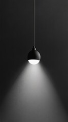 Poster - A sleek black hanging lamp radiates gentle light from above, creating a calming atmosphere in a stylish, modern room decorated with simplicity. Shadows dance softly on the walls.