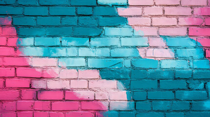 Poster - Vibrant teal and pink painted brick wall texture for creative design