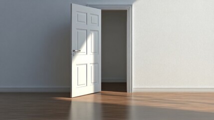 Fototapete - In a bright room, a door stands open, allowing warm sunlight to spill in and illuminate the polished wooden floors. The white walls reflect the light, enhancing the tranquil space.