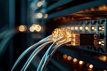 Poster - the intricate network of a server farm is captured, showcasing organized cables and switches that fa